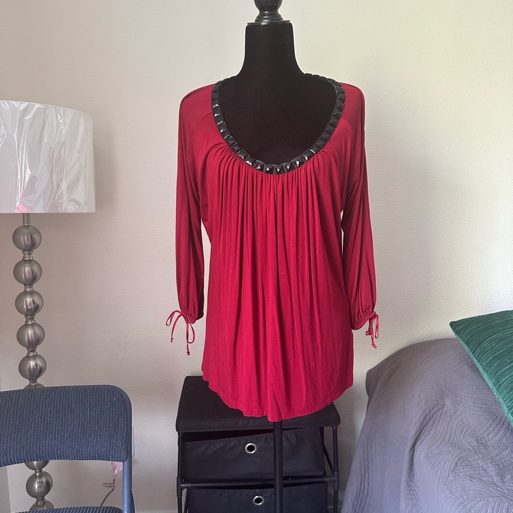 August Silk Red Blouse with Black Trim